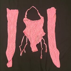 Pink lace bodysuit with stockings